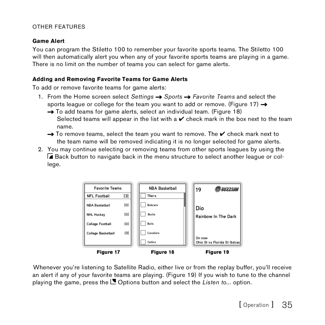 Sirius Satellite Radio 100 manual Dio, Other Features Game Alert, Adding and Removing Favorite Teams for Game Alerts 