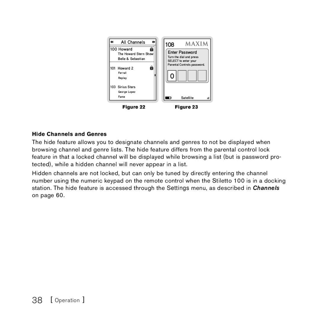 Sirius Satellite Radio 100 manual 108, Hide Channels and Genres 