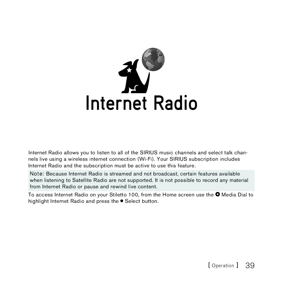 Sirius Satellite Radio 100 manual Internet Radio 