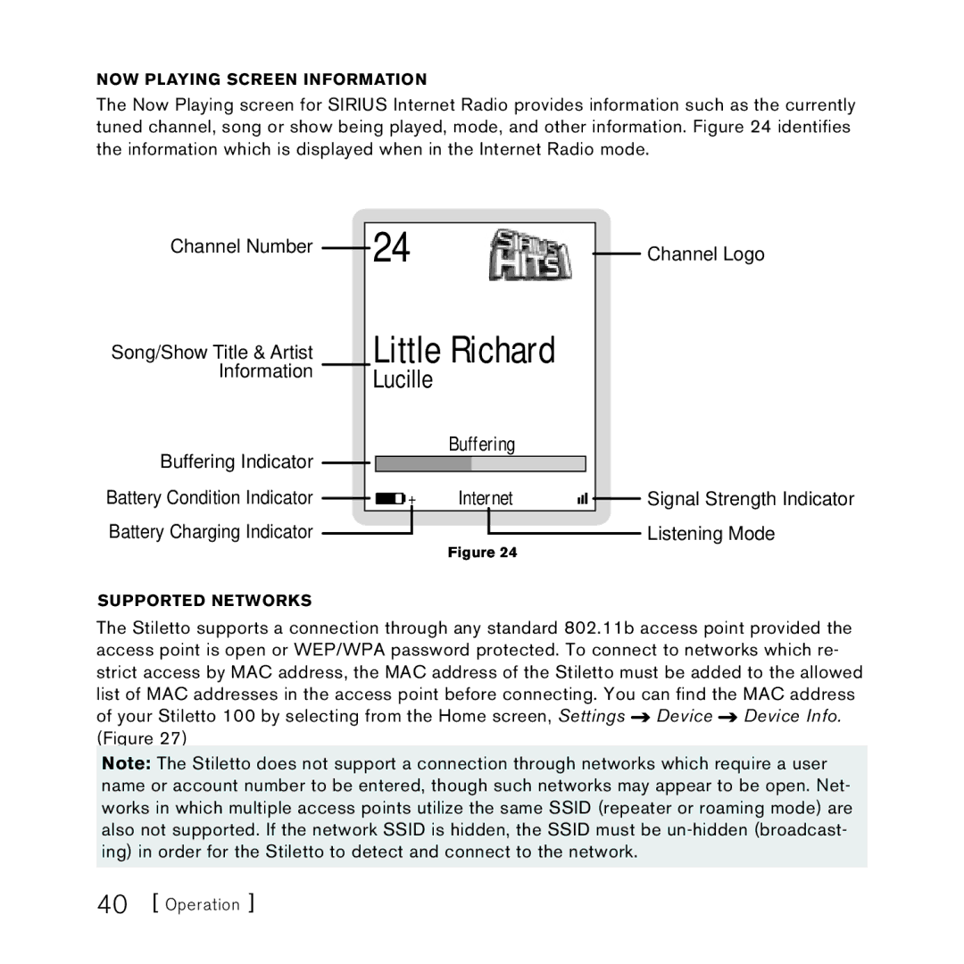 Sirius Satellite Radio 100 manual Signal Strength Indicator, Listening Mode, Supported Networks 