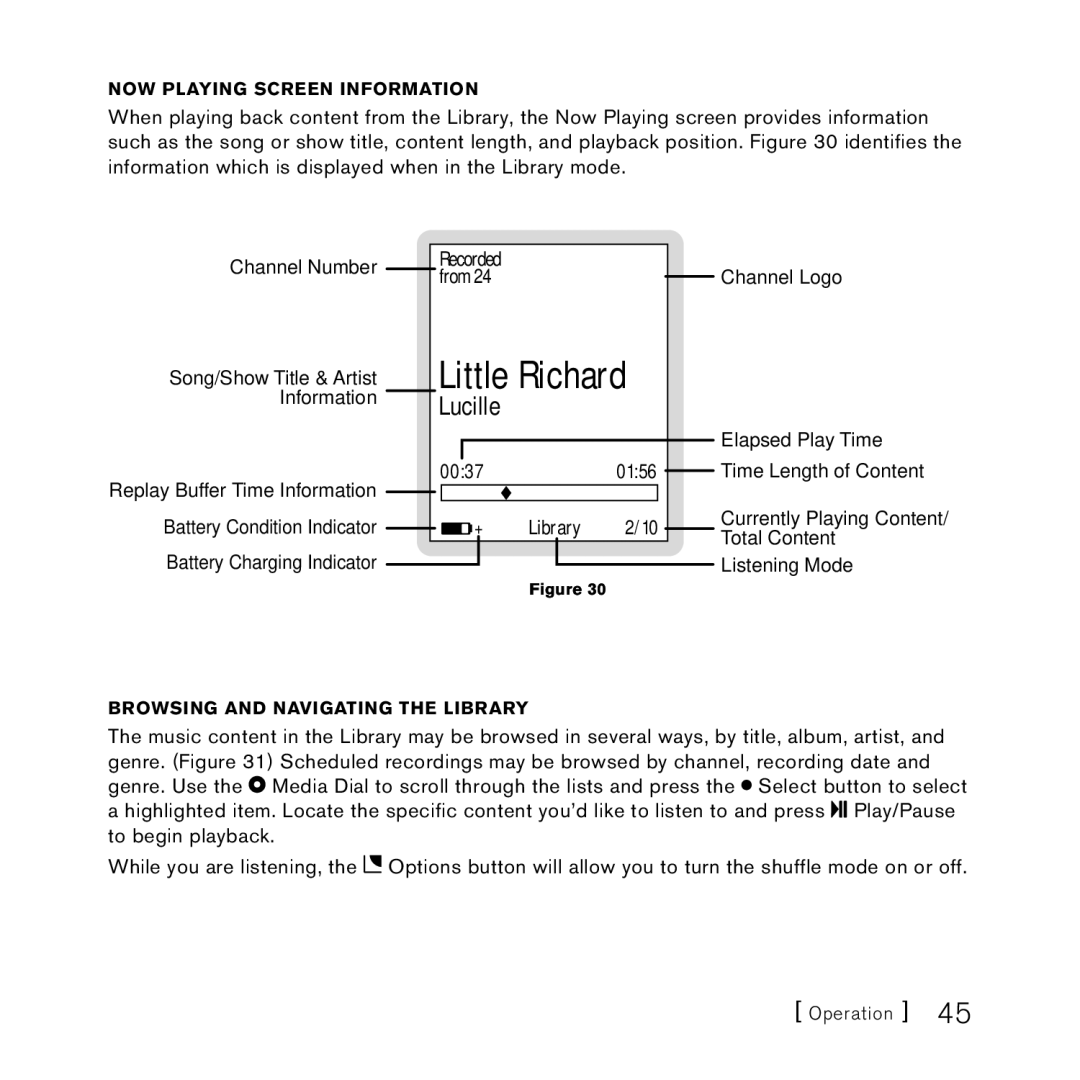 Sirius Satellite Radio 100 manual From, 0156, Recorded, 0037, Browsing and Navigating the Library 