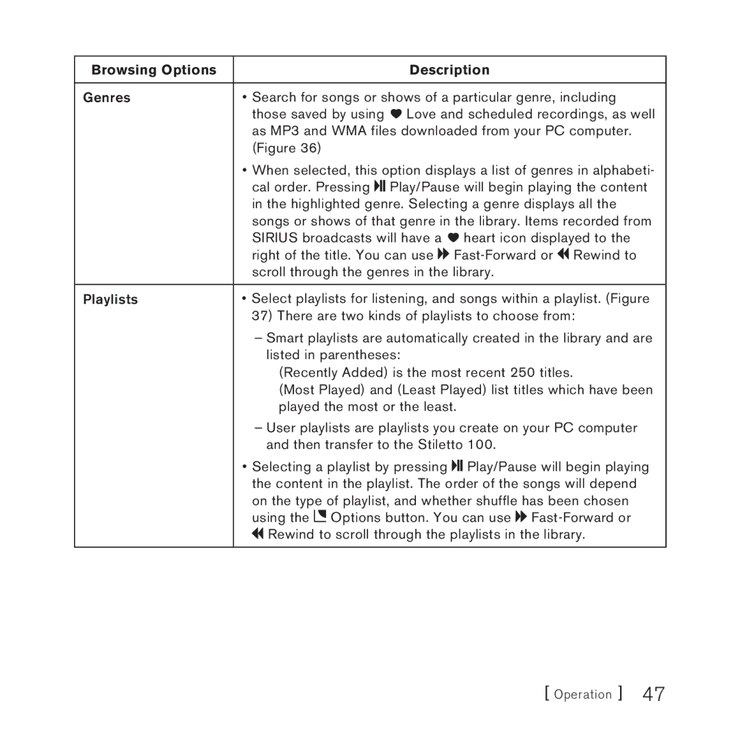 Sirius Satellite Radio 100 manual Browsing Options Description, Rewind to scroll through the playlists in the library 