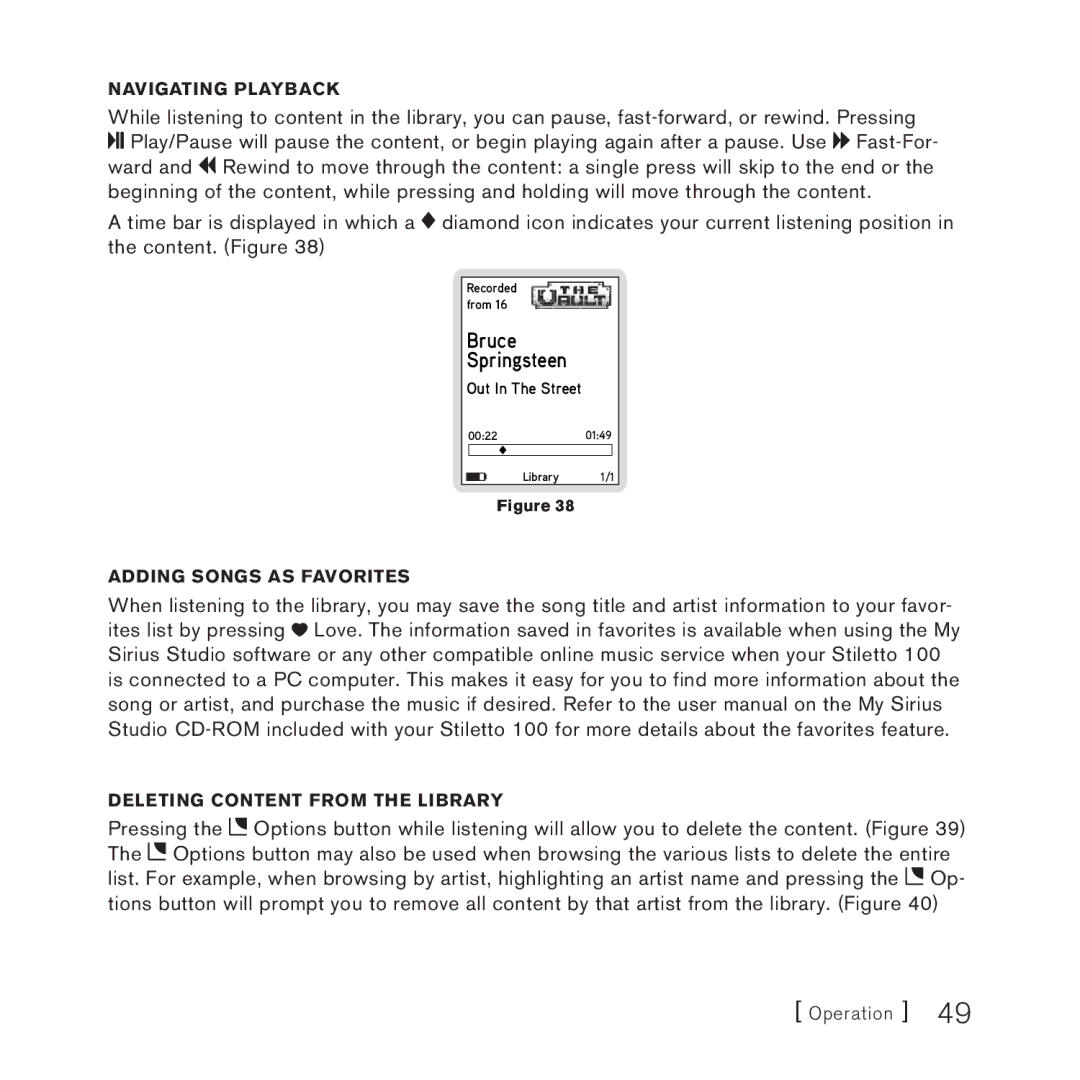 Sirius Satellite Radio 100 manual Navigating playback, Adding Songs as Favorites Deleting Content from the Library 