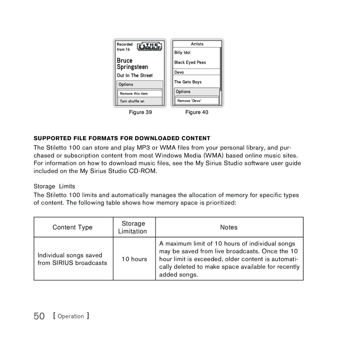 Sirius Satellite Radio 100 manual Content Type Storage Limitation, Bruce Springsteen, Storage Limits 