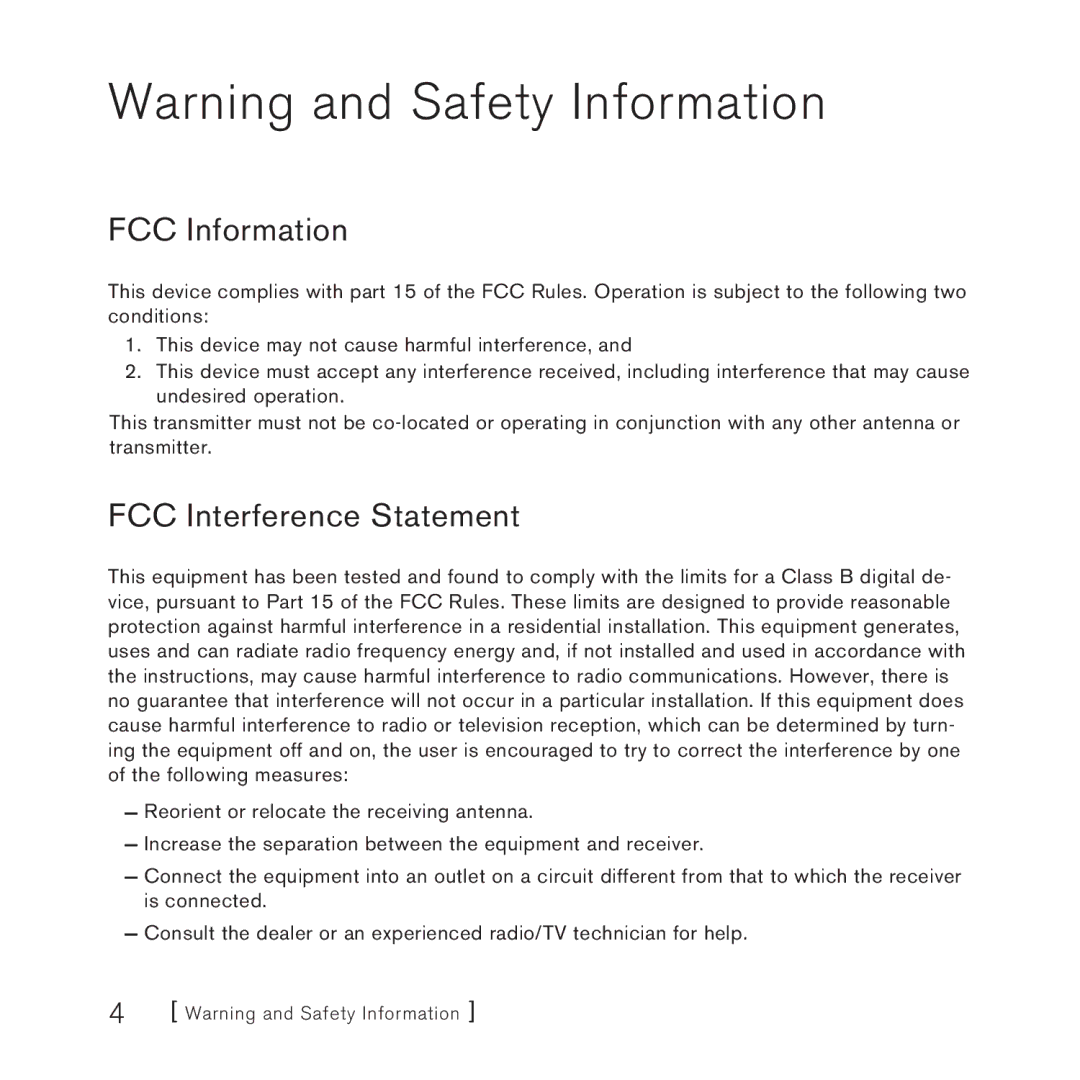 Sirius Satellite Radio 100 manual FCC Information, FCC Interference Statement 