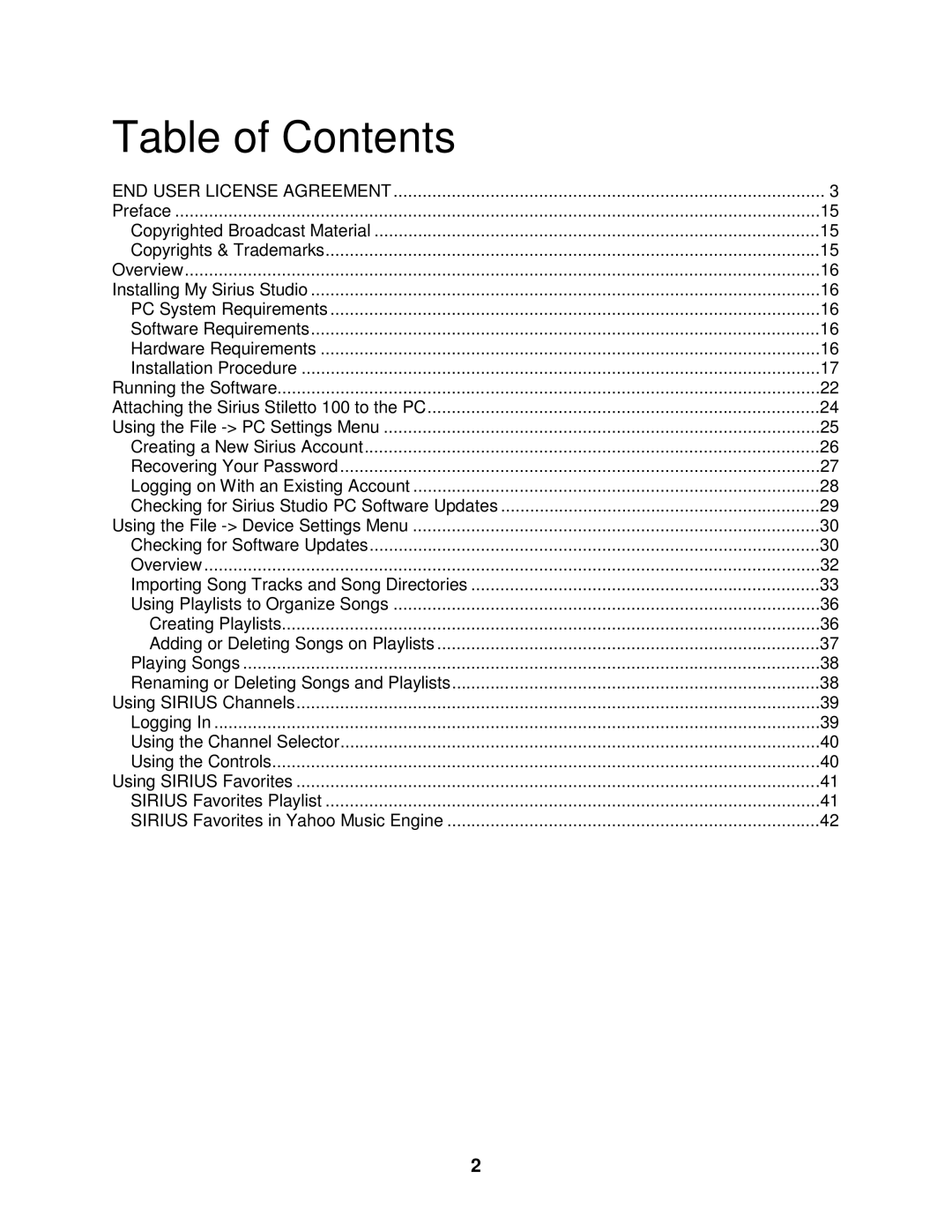 Sirius Satellite Radio 100 manual Table of Contents 