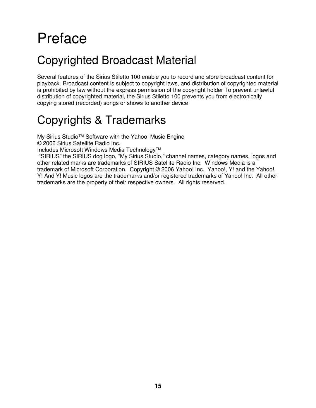 Sirius Satellite Radio 100 manual Copyrighted Broadcast Material, Copyrights & Trademarks 