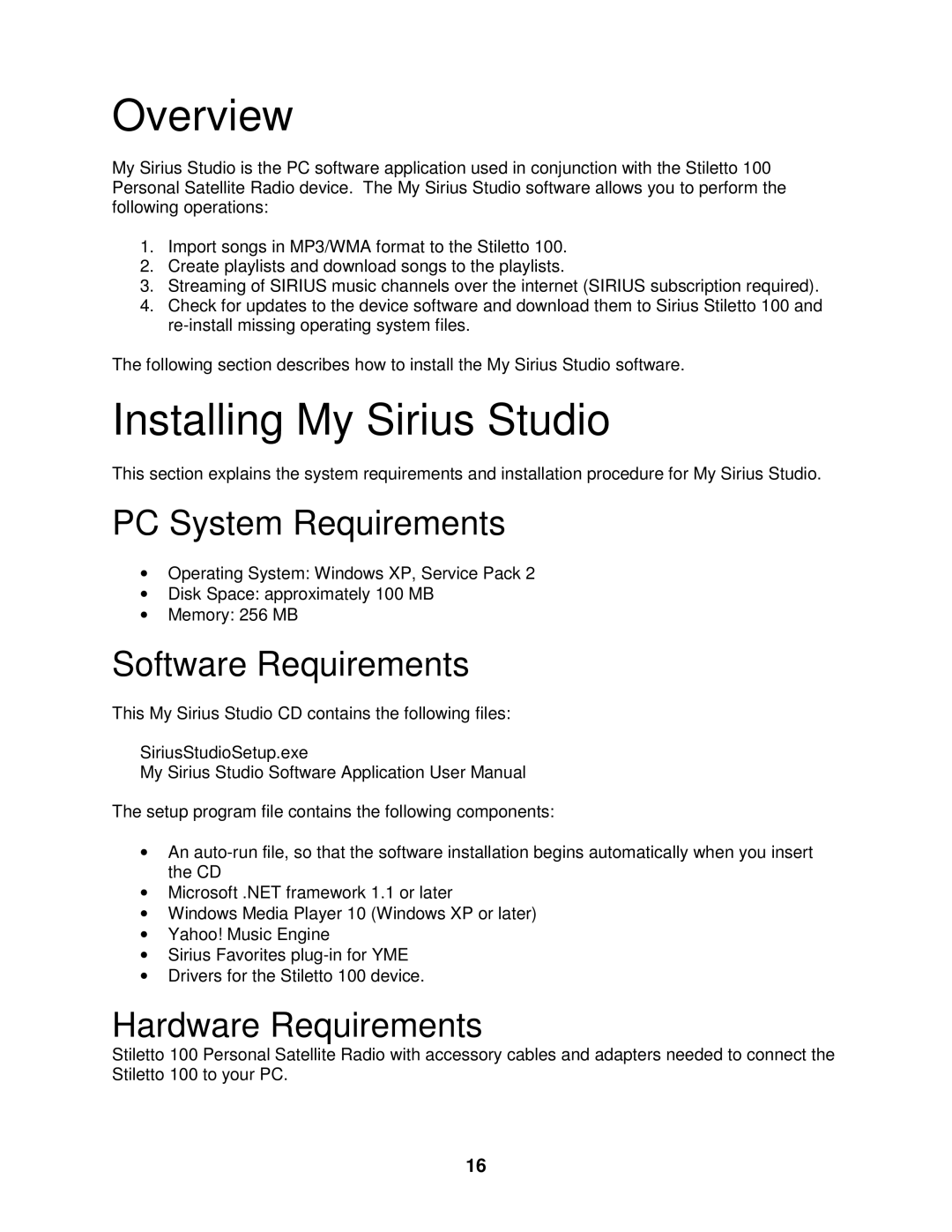 Sirius Satellite Radio 100 manual PC System Requirements, Software Requirements, Hardware Requirements 