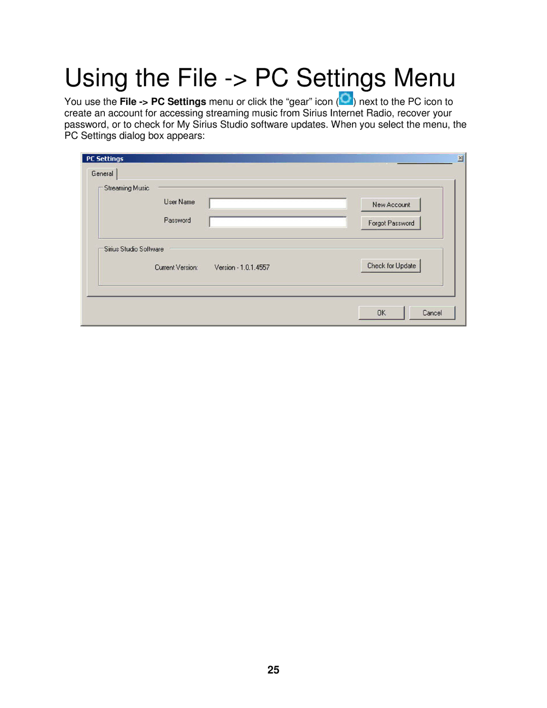 Sirius Satellite Radio 100 manual Using the File PC Settings Menu 