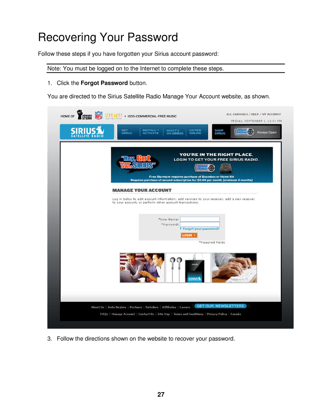 Sirius Satellite Radio 100 manual Recovering Your Password 