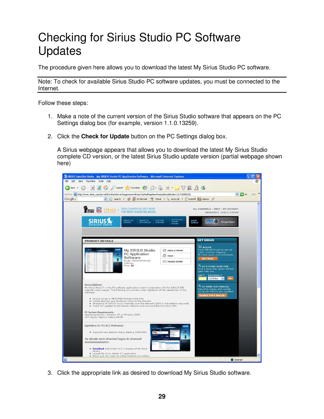 Sirius Satellite Radio 100 manual Checking for Sirius Studio PC Software Updates 
