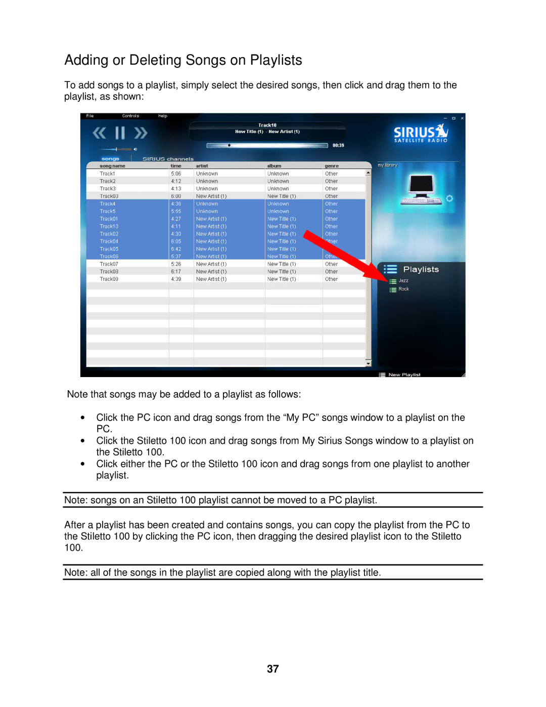 Sirius Satellite Radio 100 manual Adding or Deleting Songs on Playlists 