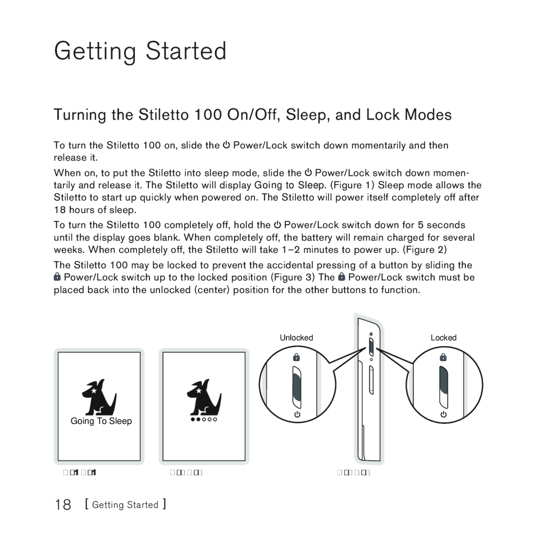 Sirius Satellite Radio manual Getting Started, Turning the Stiletto 100 On/Off, Sleep, and Lock Modes 