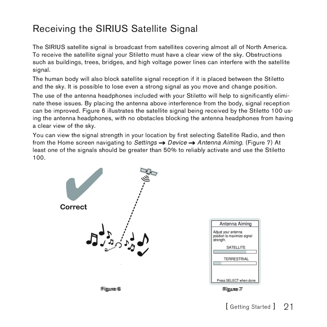 Sirius Satellite Radio 100 manual Receiving the Sirius Satellite Signal 