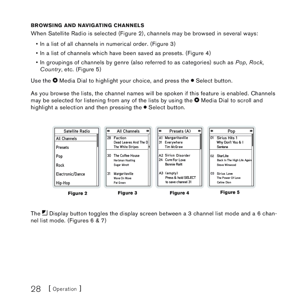 Sirius Satellite Radio 100 manual Browsing and Navigating Channels 