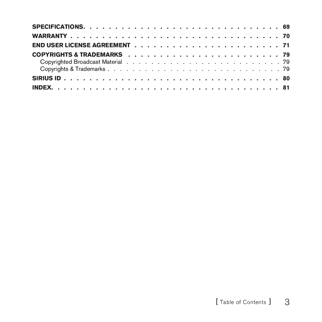 Sirius Satellite Radio 100 manual Table of Contents 