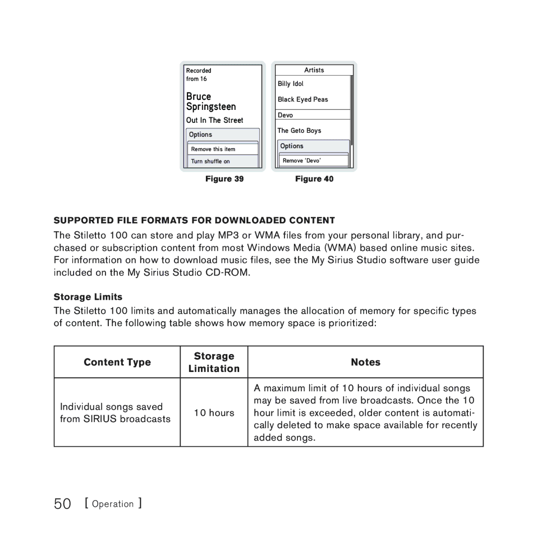 Sirius Satellite Radio 100 manual Content Type Storage Limitation, Bruce Springsteen 