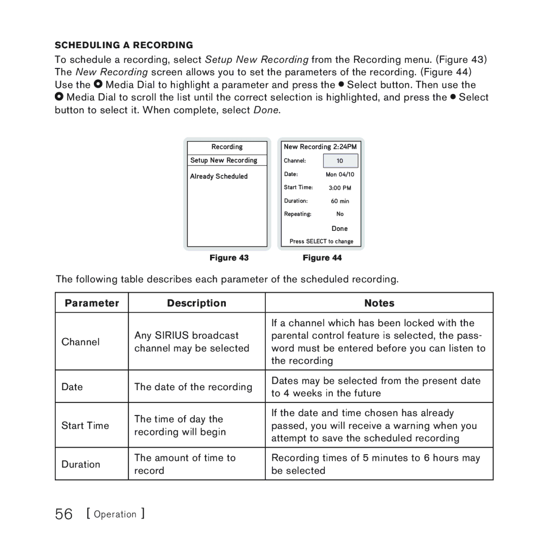 Sirius Satellite Radio 100 manual Parameter Description 