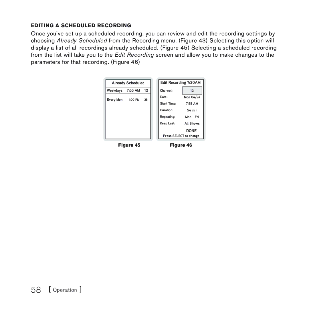 Sirius Satellite Radio 100 manual Editing a Scheduled Recording 