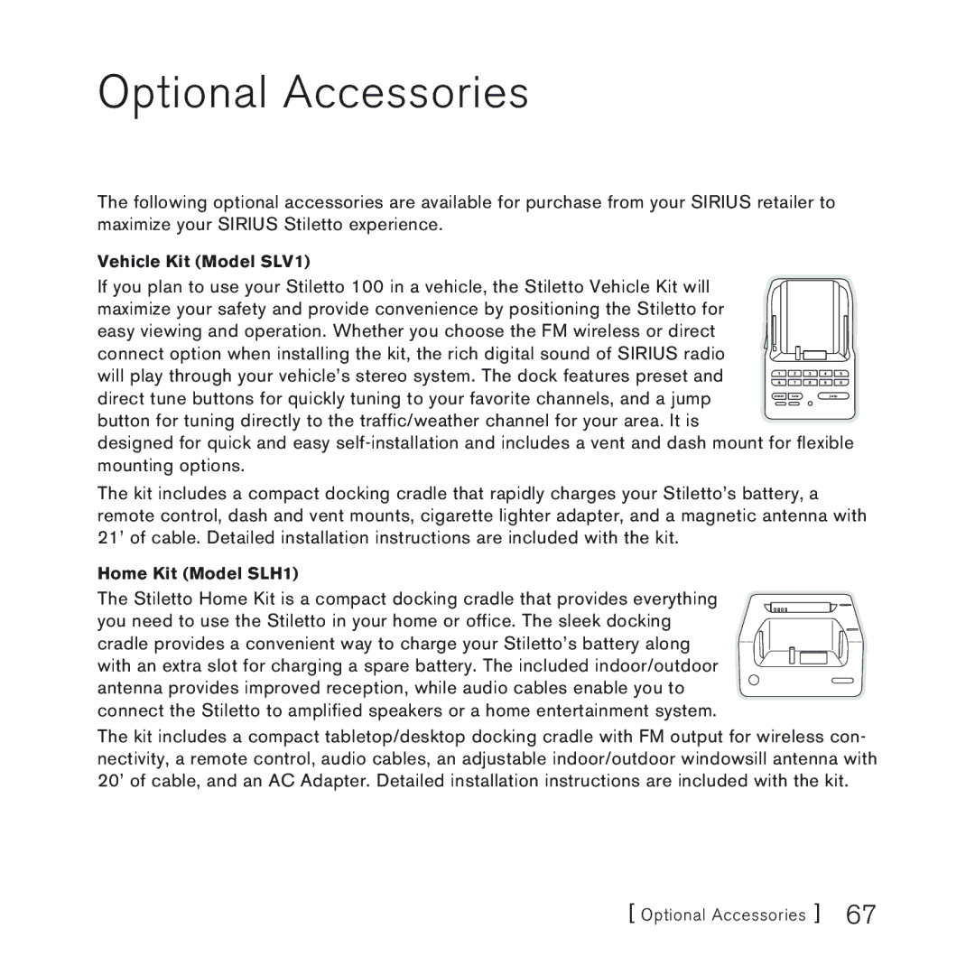 Sirius Satellite Radio 100 manual Optional Accessories, Vehicle Kit Model SLV1 