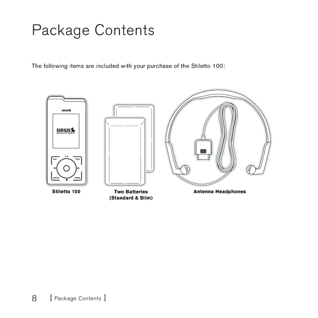 Sirius Satellite Radio 100 manual Package Contents 