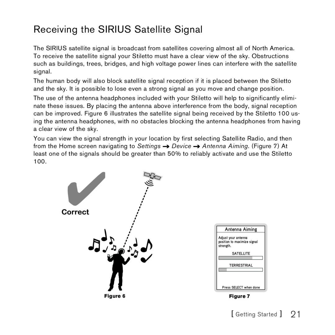Sirius Satellite Radio 100 manual Receiving the SIRIUS Satellite Signal, Getting Started 