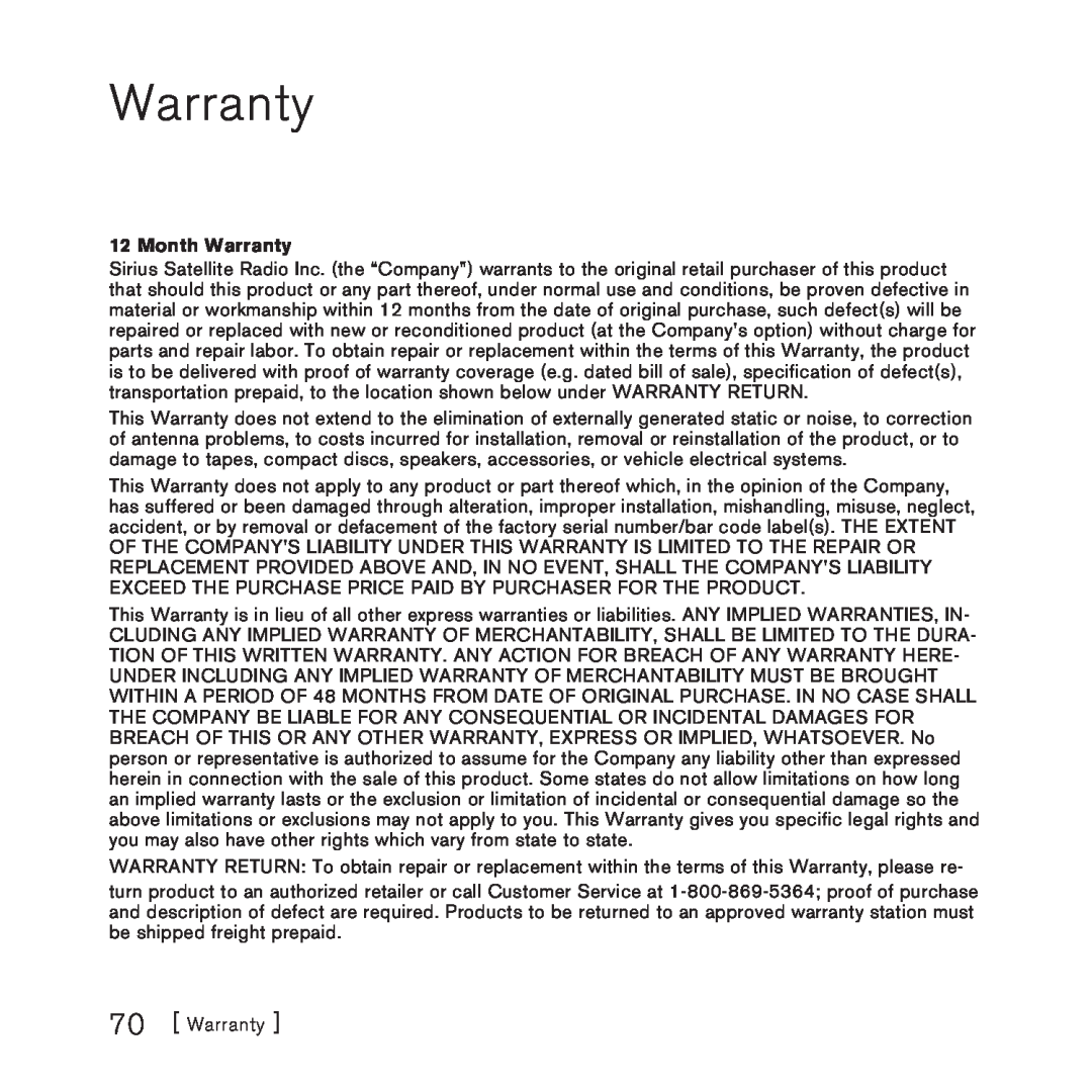 Sirius Satellite Radio 100 manual Month Warranty 