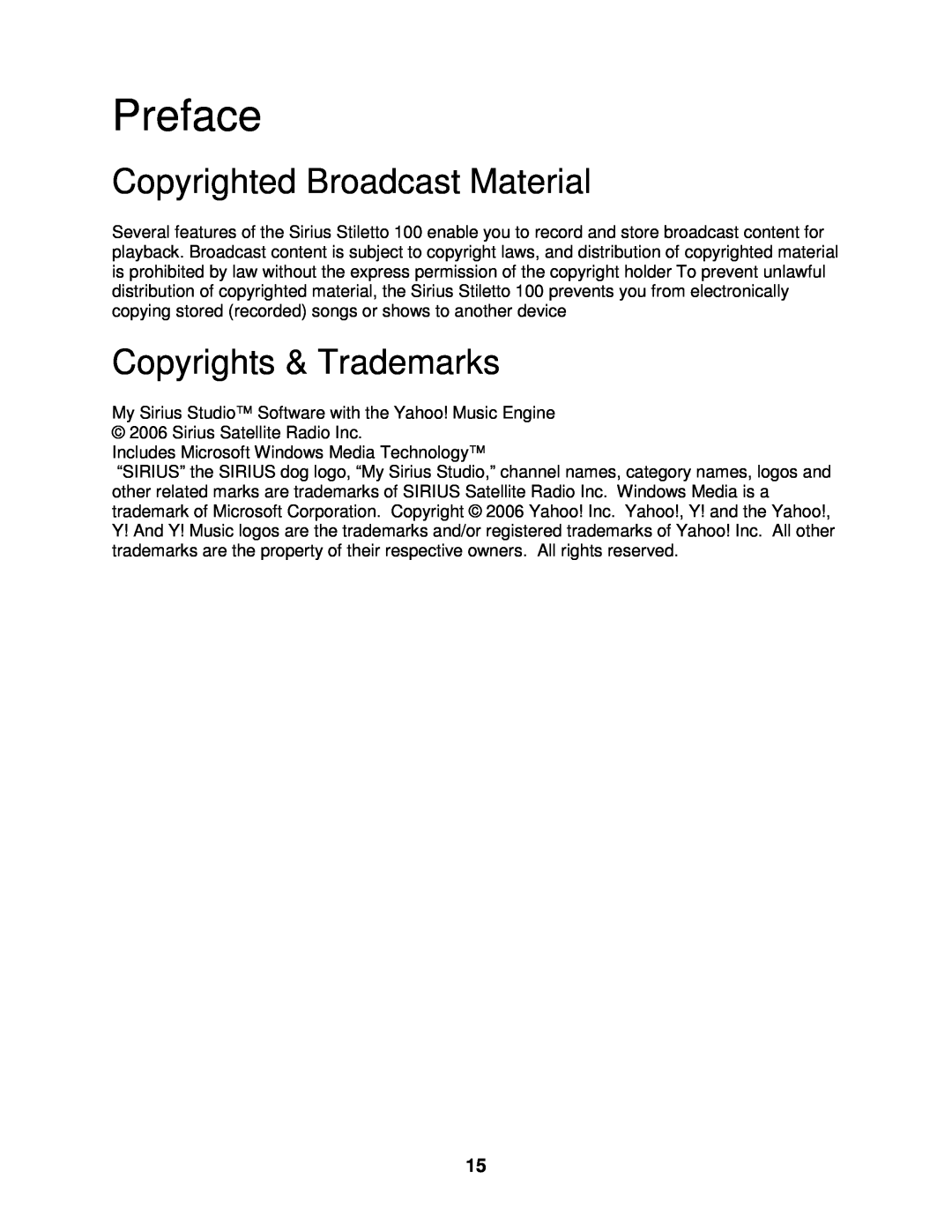 Sirius Satellite Radio 100 manual Preface, Copyrighted Broadcast Material, Copyrights & Trademarks 
