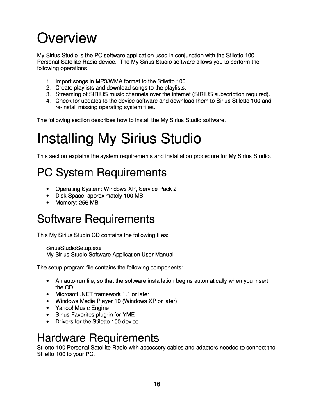 Sirius Satellite Radio 100 manual Overview, Installing My Sirius Studio, PC System Requirements, Software Requirements 
