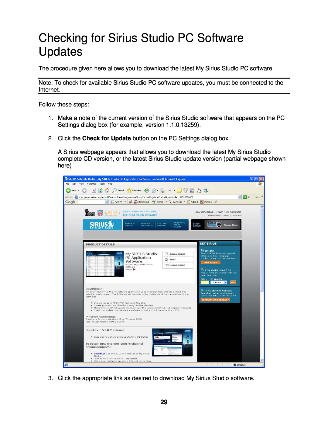 Sirius Satellite Radio 100 manual Checking for Sirius Studio PC Software Updates 