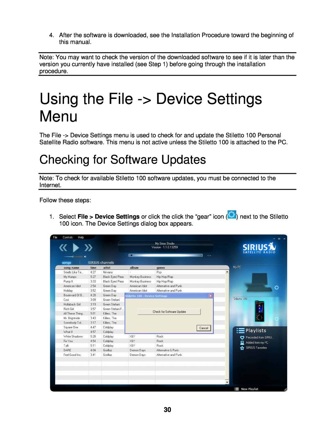 Sirius Satellite Radio 100 manual Using the File ->Device Settings Menu, Checking for Software Updates 