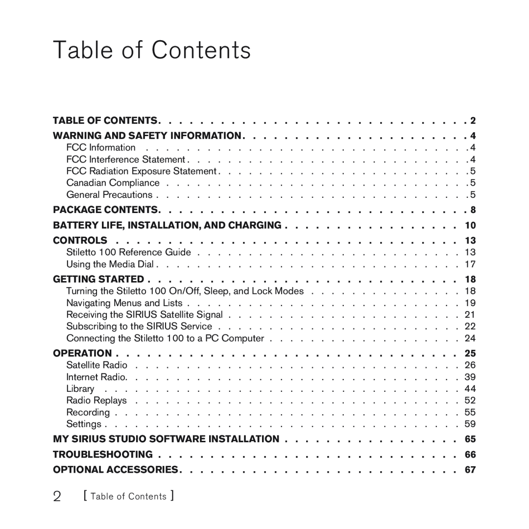 Sirius Satellite Radio 100 manual Table of Contents 