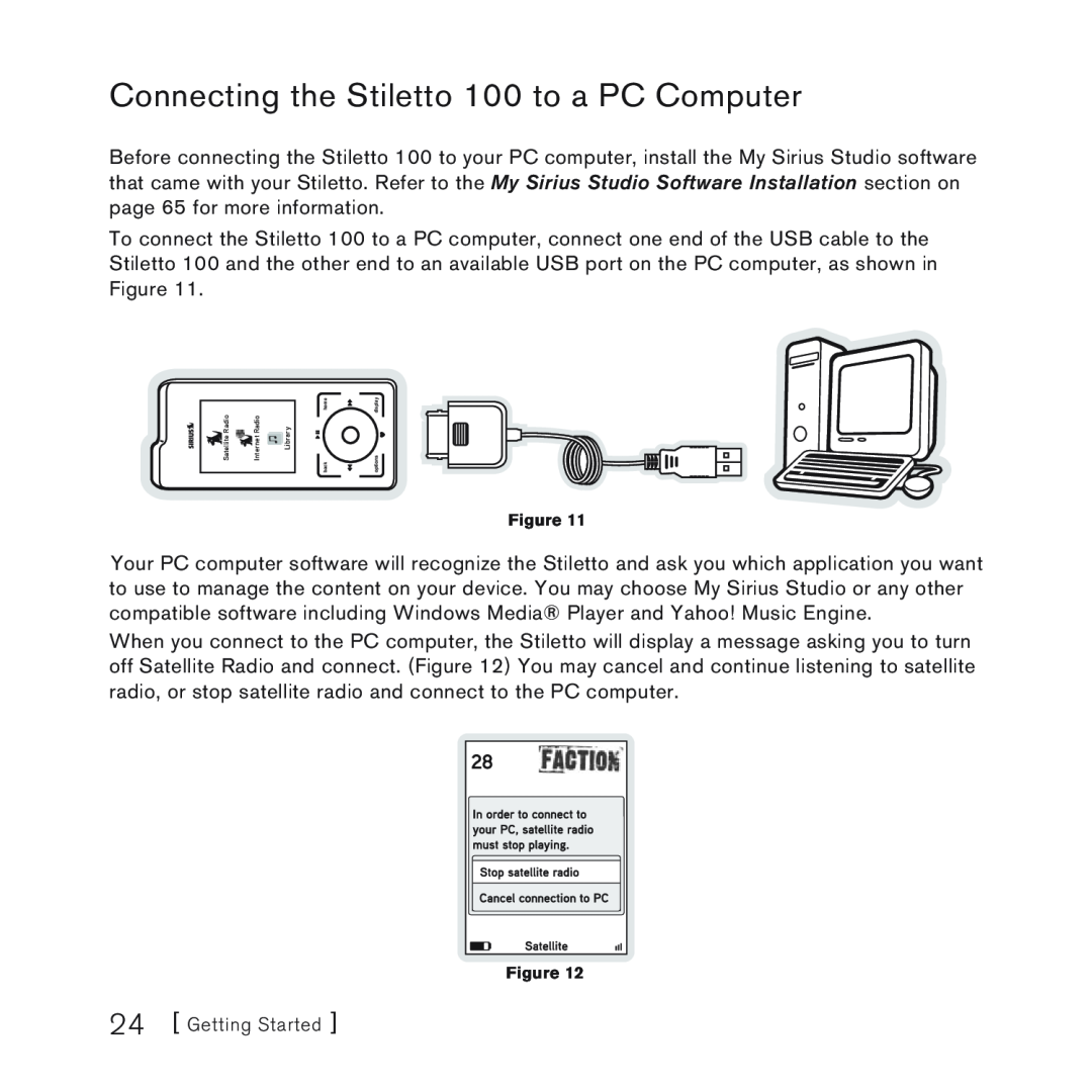 Sirius Satellite Radio manual Connecting the Stiletto 100 to a PC Computer, Getting Started 