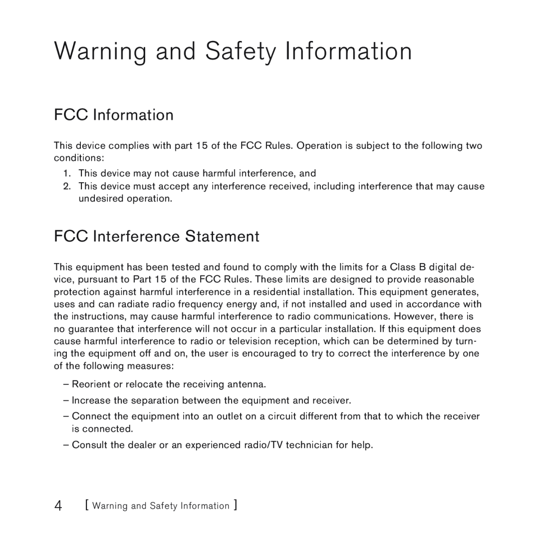 Sirius Satellite Radio 100 manual Warning and Safety Information, FCC Information, FCC Interference Statement 