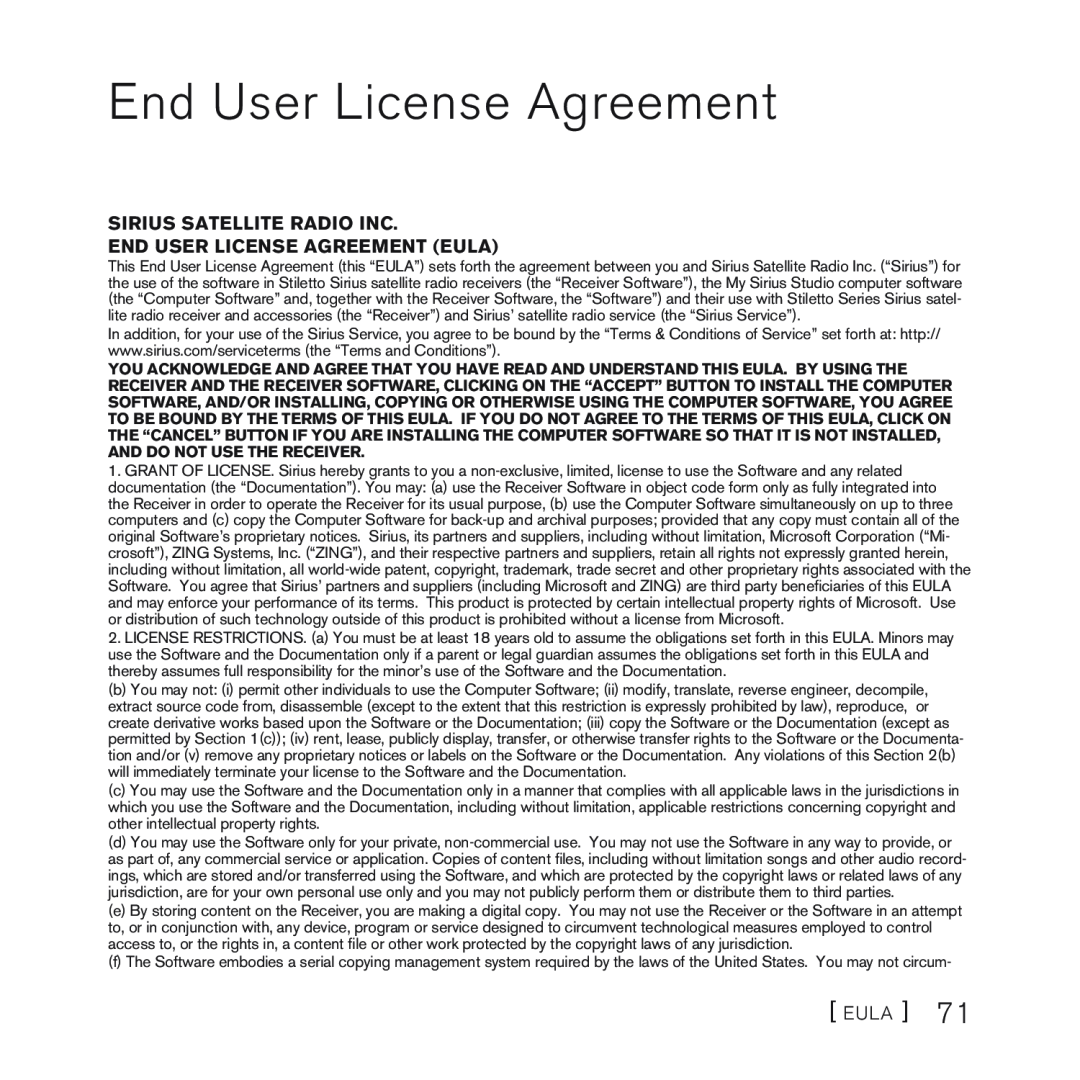 Sirius Satellite Radio 100 manual Sirius Satellite Radio Inc, End User License Agreement Eula 