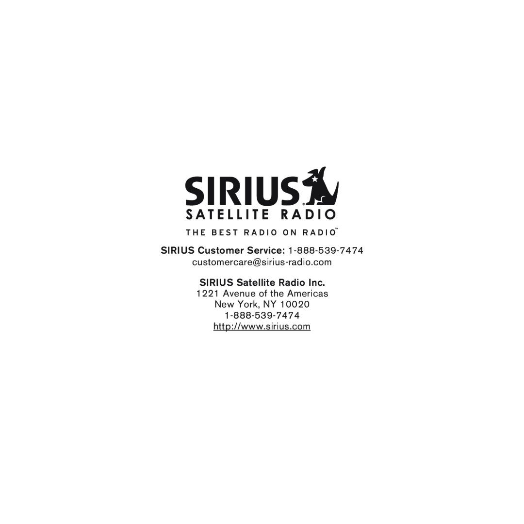 Sirius Satellite Radio 100 manual SIRIUS Customer Service, customercare@sirius-radio.com 