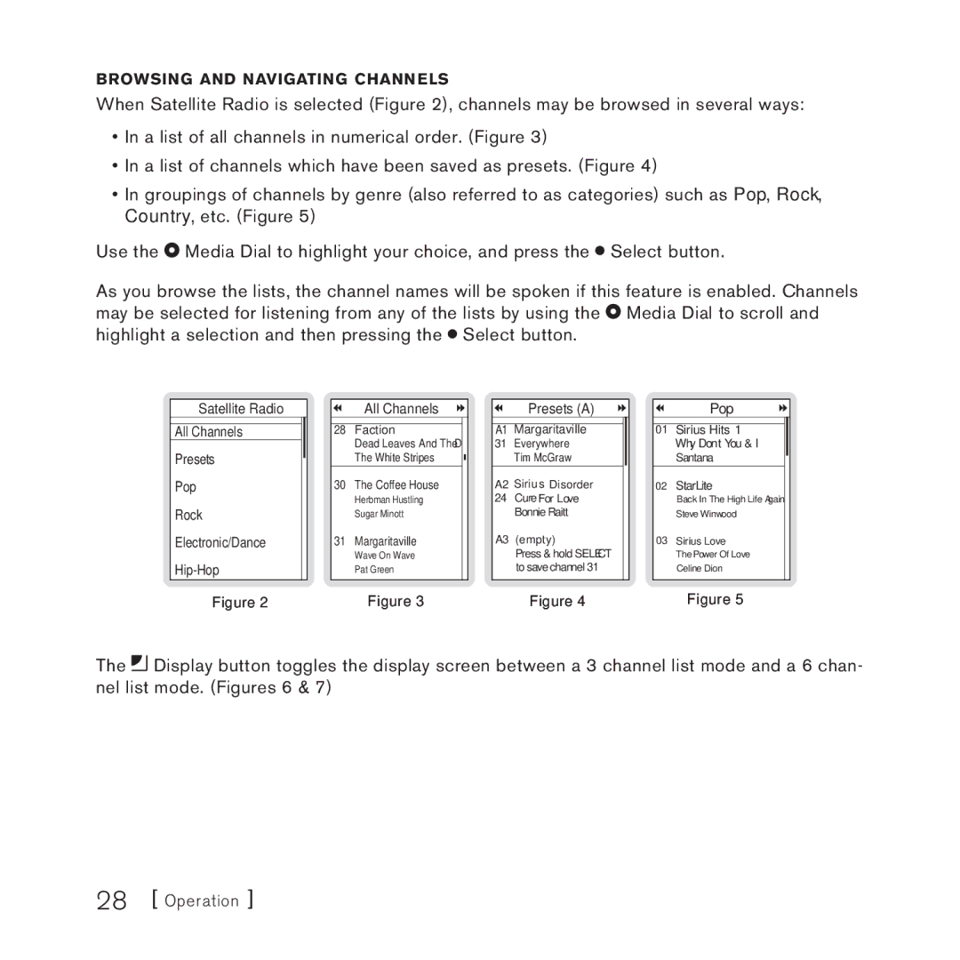 Sirius Satellite Radio 100306B manual Browsing and Navigating Channels, Presets a 