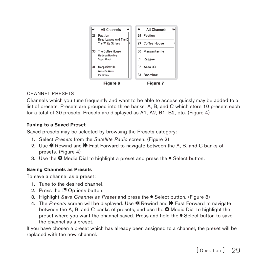 Sirius Satellite Radio 100306B manual Channel Presets, Tuning to a Saved Preset, Saving Channels as Presets 