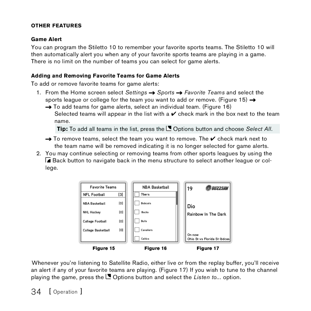 Sirius Satellite Radio 100306B manual Dio, Other Features Game Alert, Adding and Removing Favorite Teams for Game Alerts 