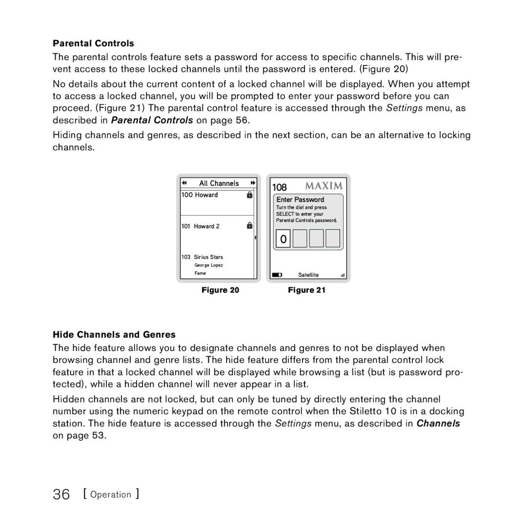 Sirius Satellite Radio 100306B manual 108, Parental Controls, Hide Channels and Genres 