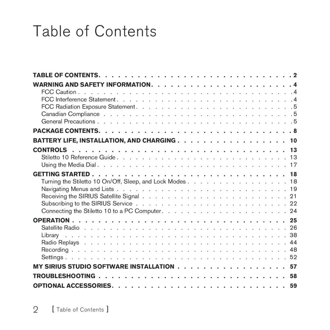 Sirius Satellite Radio 100306B manual Table of Contents 