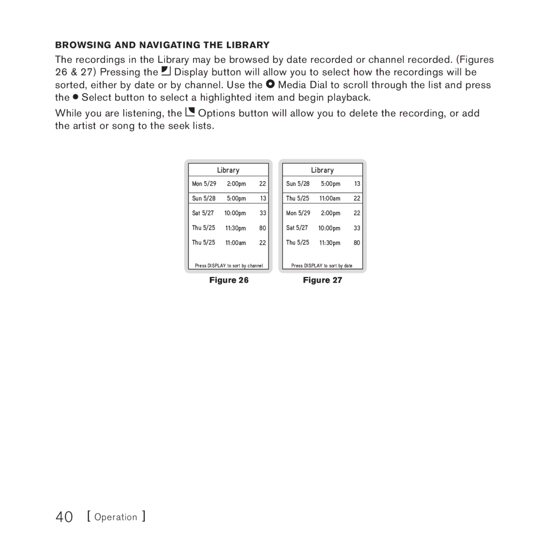 Sirius Satellite Radio 100306B manual Browsing and Navigating the Library 