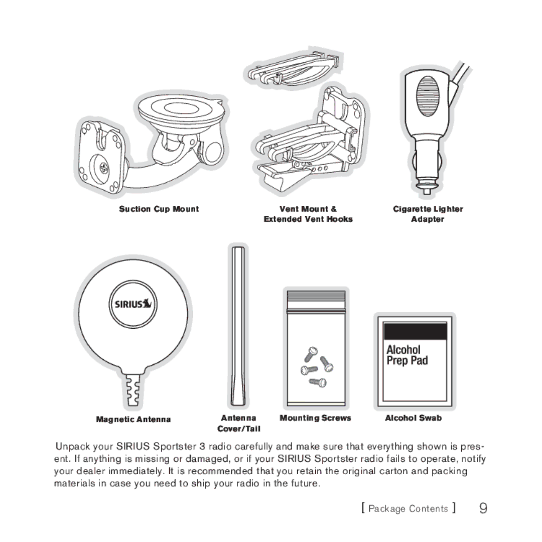 Sirius Satellite Radio 3 manual Package Contents 