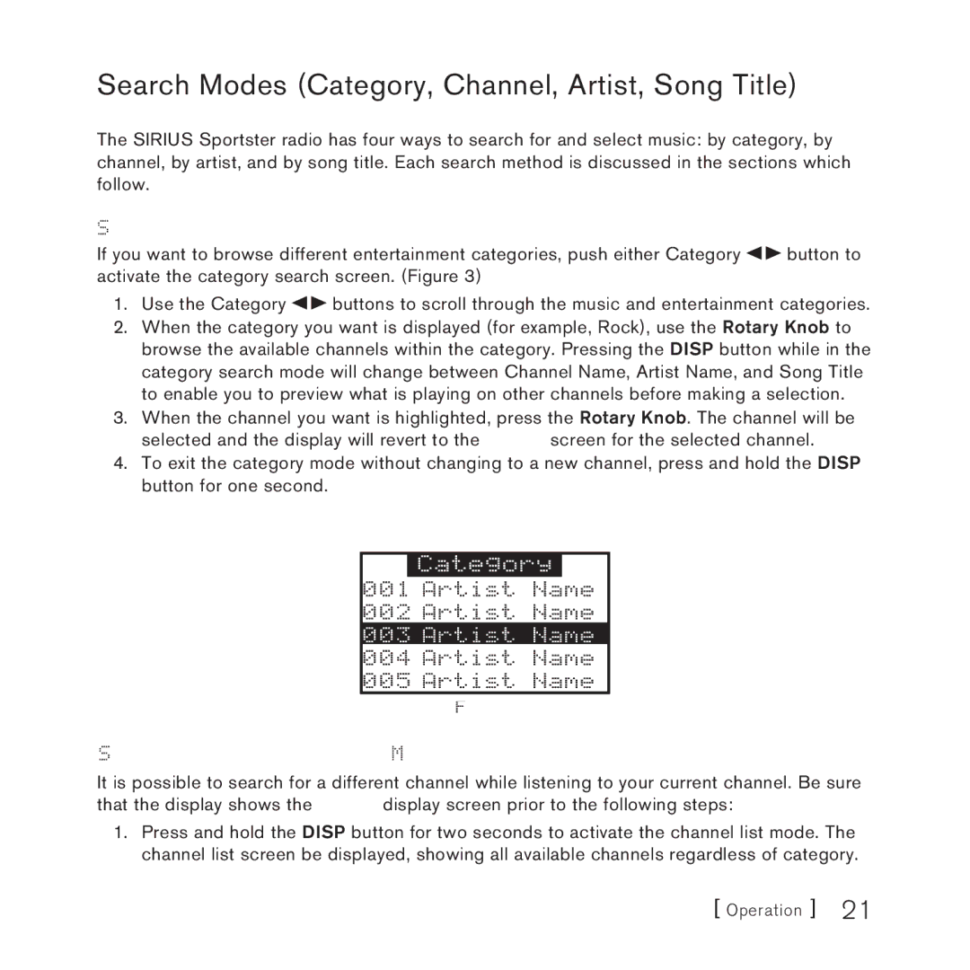 Sirius Satellite Radio 3 manual Search Modes Category, Channel, Artist, Song Title, Searching Categories 