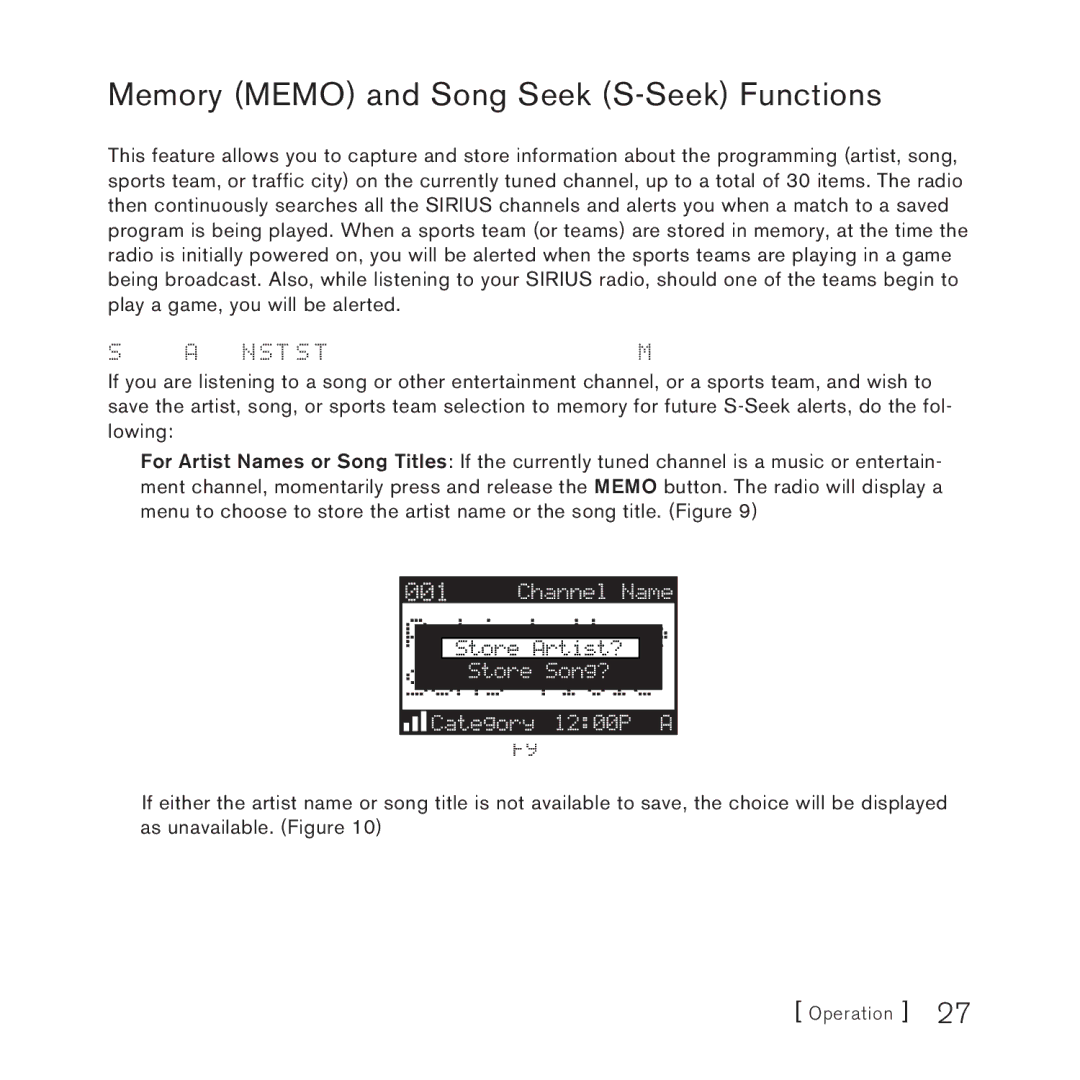 Sirius Satellite Radio 3 manual Memory Memo and Song Seek S-Seek Functions 