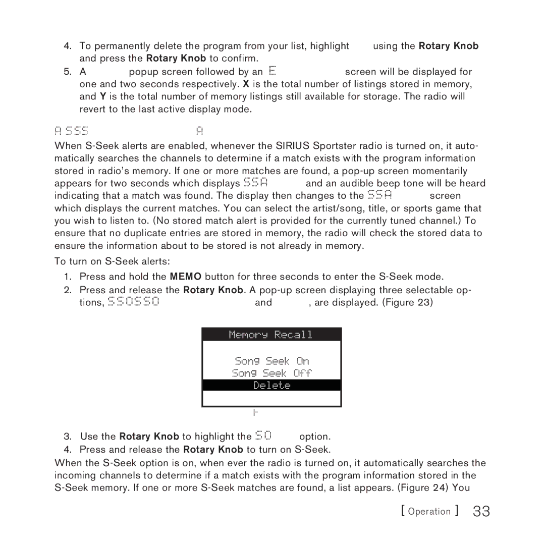 Sirius Satellite Radio 3 manual Activating the Song S-Seek Alert 