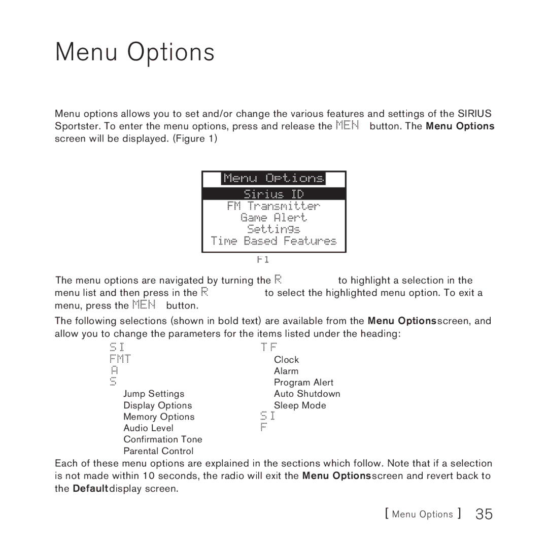 Sirius Satellite Radio 3 manual Menu Options 