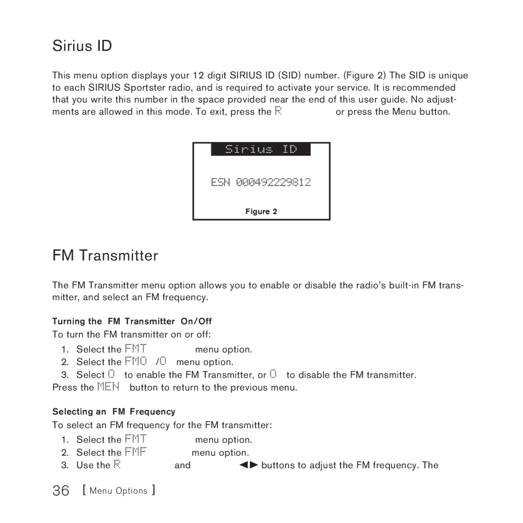 Sirius Satellite Radio 3 manual Sirius ID, Turning the FM Transmitter On/Off, Selecting an FM Frequency 