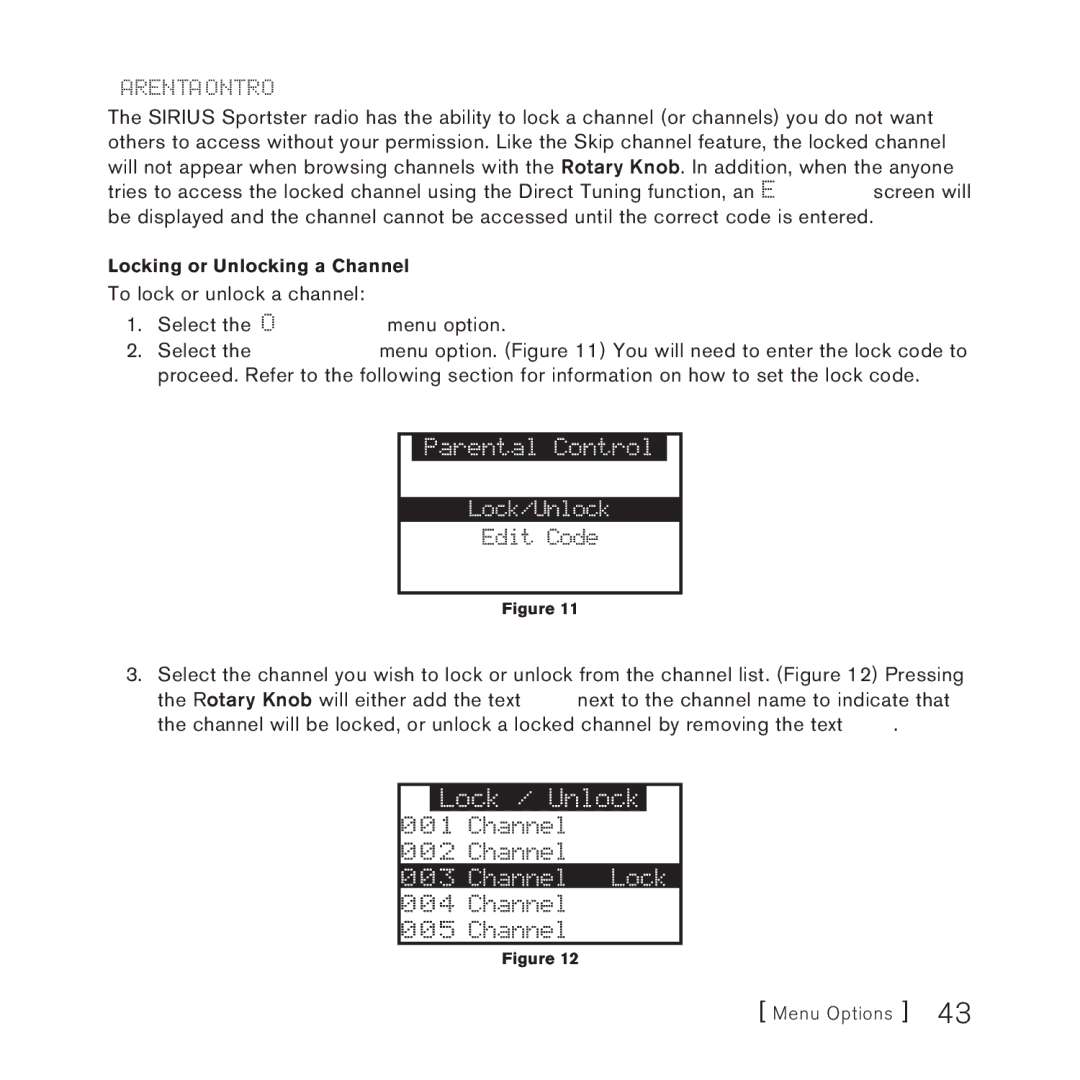 Sirius Satellite Radio 3 manual Parental Control, Locking or Unlocking a Channel 