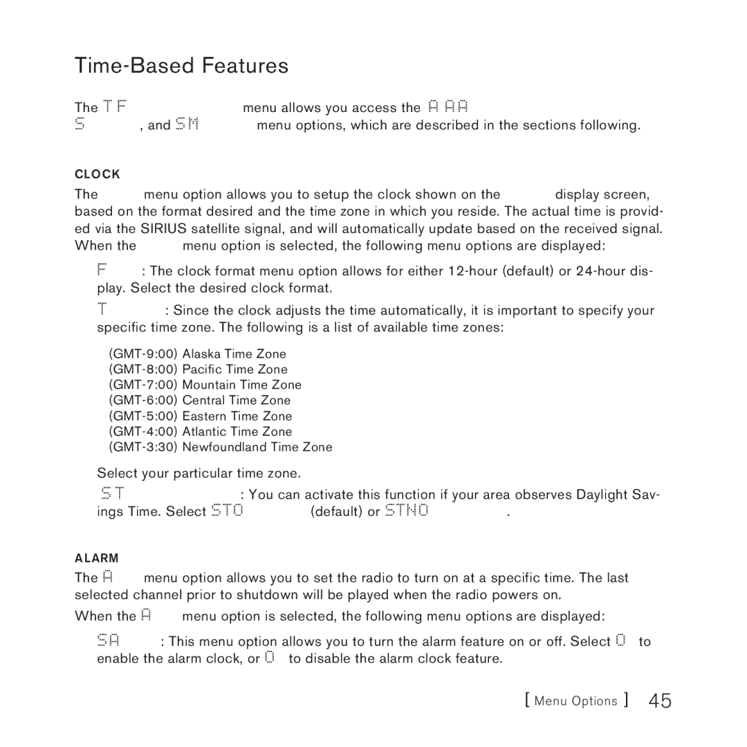 Sirius Satellite Radio 3 manual Time-Based Features, Clock, Alarm 